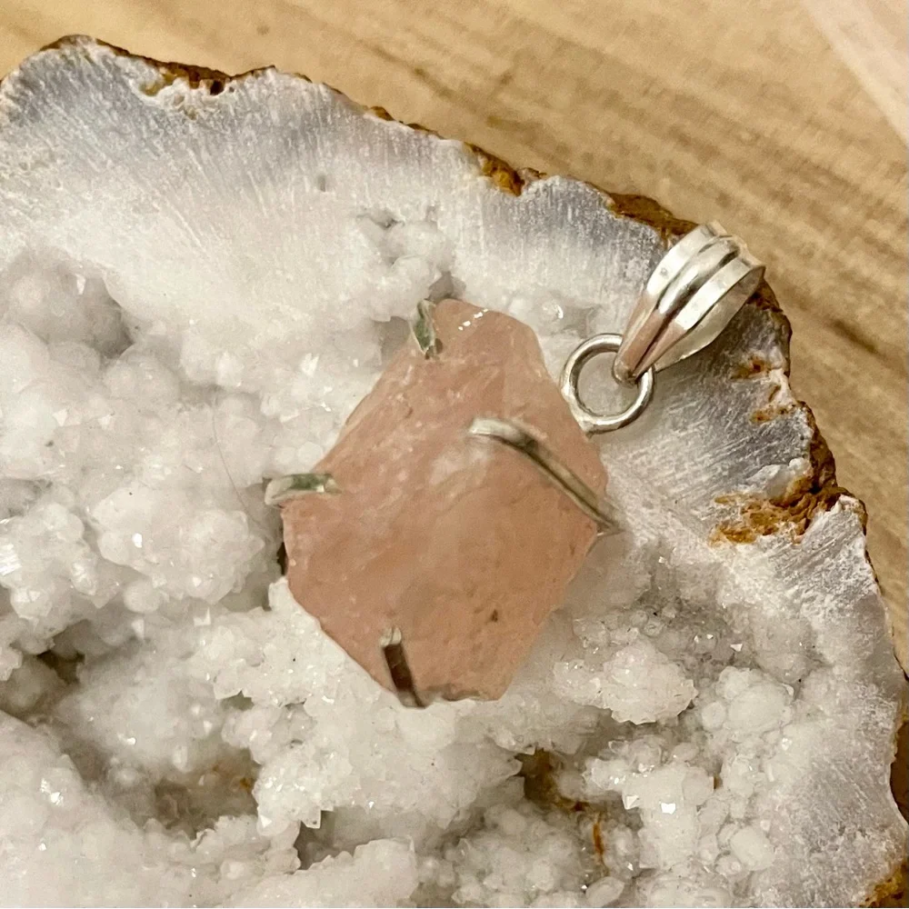 Pink Rose Quartz Sterling Silver Overlay Pendant 925